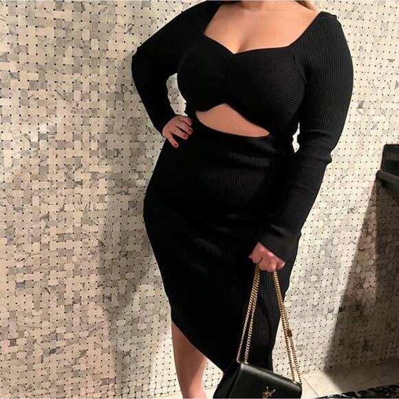 ABERCROMBIE & FITCH Cinched Front Cut Out Ribbed Midi Sweater Dress Black {RR2}